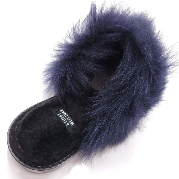 Stuart Weitzman Furgetit Raven Long Claw Blue Shearling Black Suede Mules Sz 7.5 - Picture 5 of 9